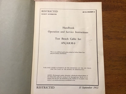 1953 AN/ARM-9 Test Bench Cable Set Handbook Restricted USAF Navy Manual