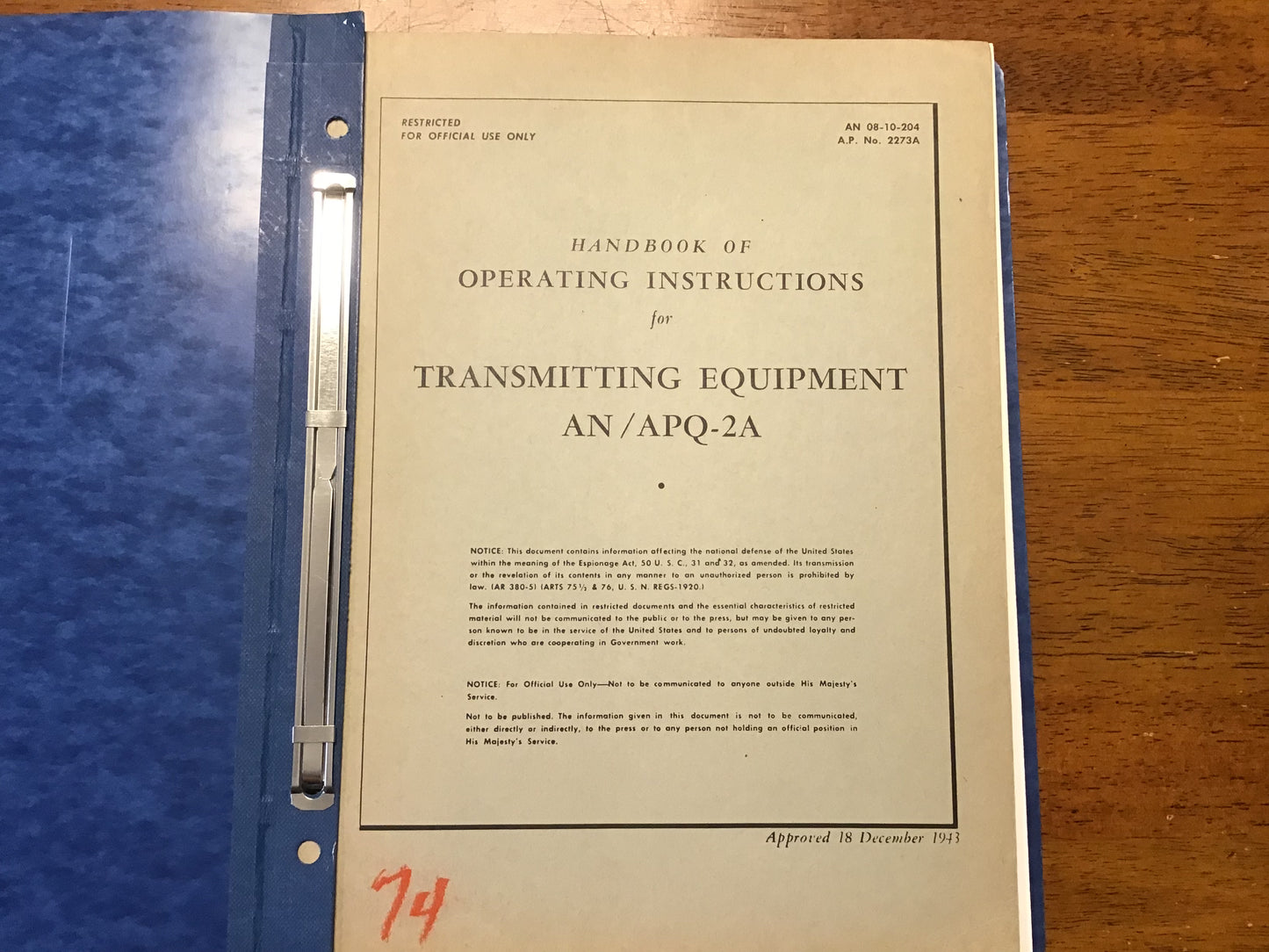 WWII AN/APQ-2A Radar Equipment Manual Lot 1943-44 Restricted AAF Technical Orders