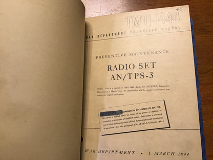 WWII AN/TPS-3 Radar Radio Set Technical Manuals Binder TM11-1340 TM11-1440 TM11-1540