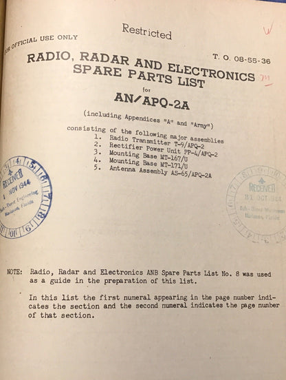 WWII AN/APQ-2A Radar Equipment Manual Lot 1943-44 Restricted AAF Technical Orders