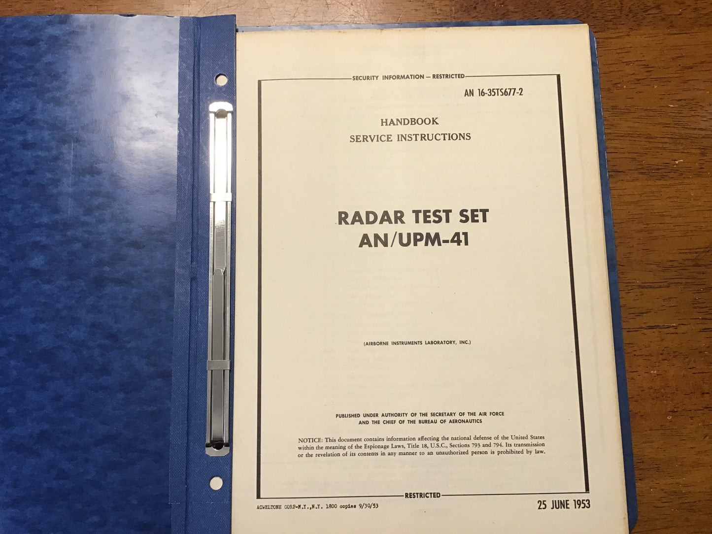 Original 1953 AN/UPM-41 Radar Test Set Service Instructions & Parts Breakdown Manual Restricted