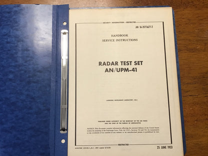 Original 1953 AN/UPM-41 Radar Test Set Service Instructions & Parts Breakdown Manual Restricted
