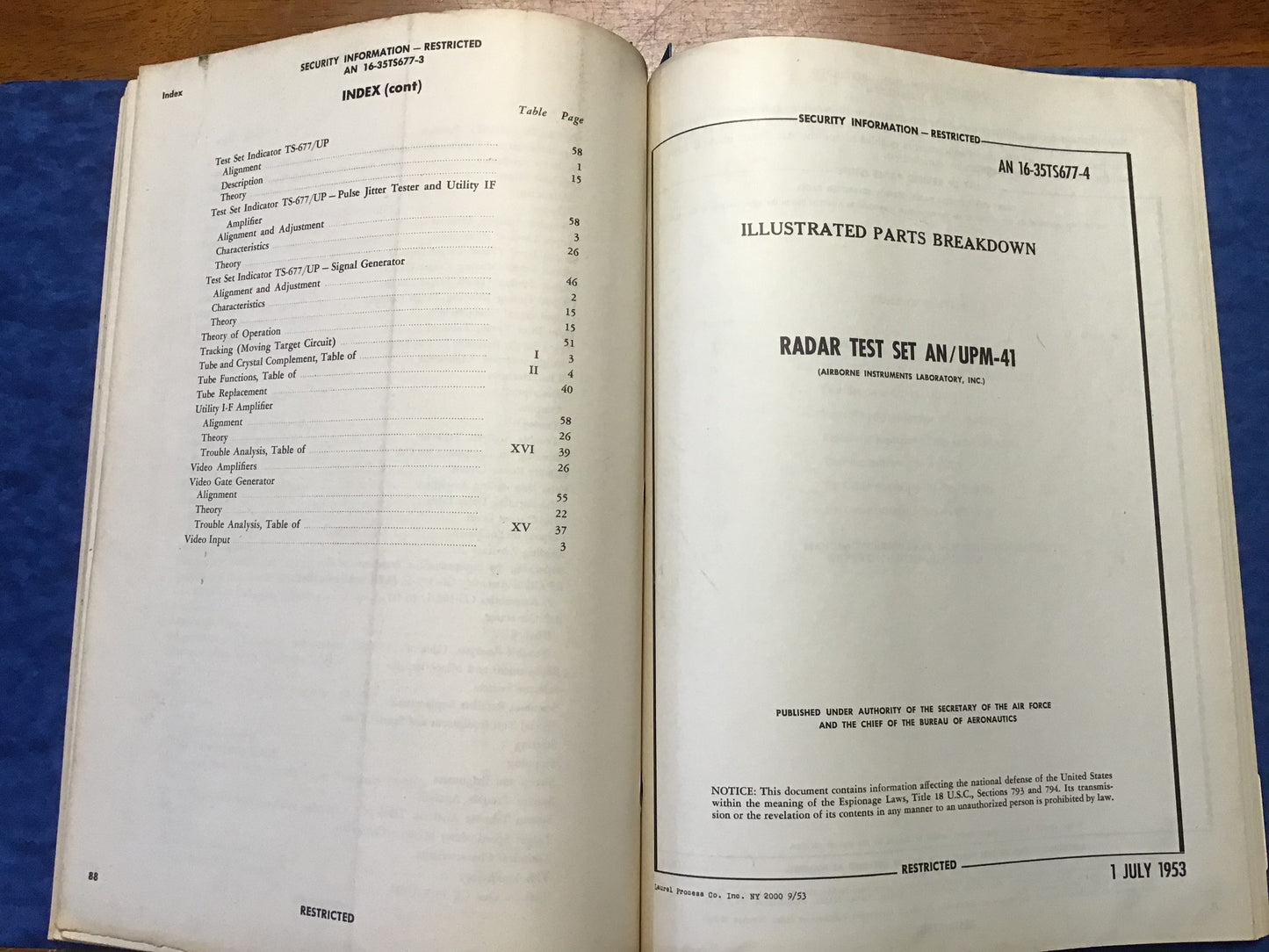 Original 1953 AN/UPM-41 Radar Test Set Service Instructions & Parts Breakdown Manual Restricted