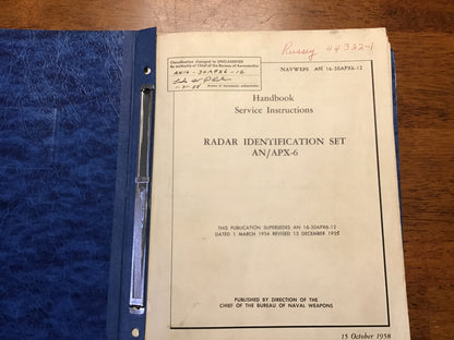Vintage 1958 U.S. Navy Radar Identification Set AN/APX-6 Service Instructions Manual