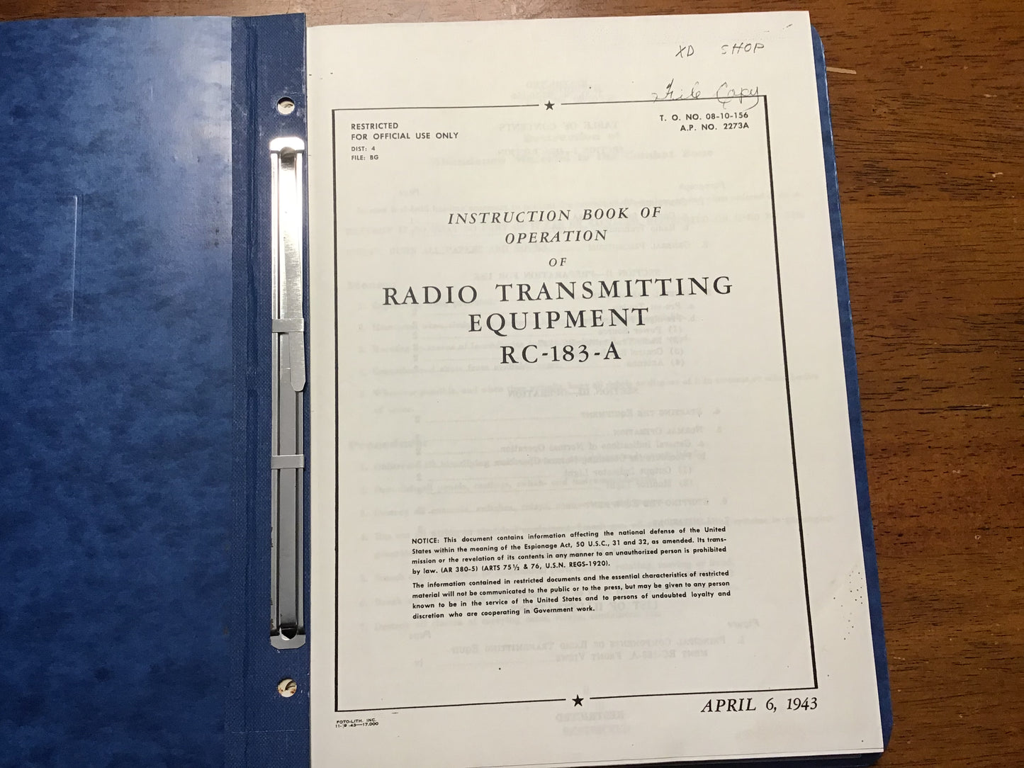 WWII USAAF AN/APT-3 Radar Set RC-183-A Technical Manual Binder 1943-44 Restricted
