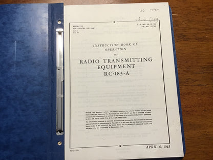 WWII USAAF AN/APT-3 Radar Set RC-183-A Technical Manual Binder 1943-44 Restricted