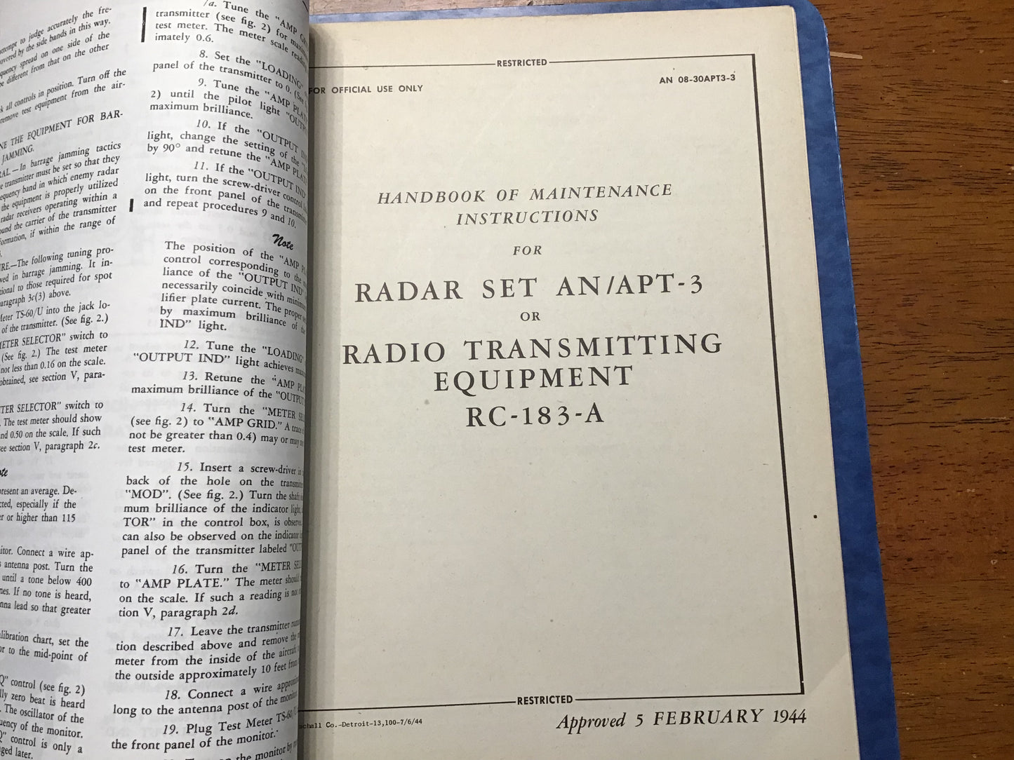 WWII USAAF AN/APT-3 Radar Set RC-183-A Technical Manual Binder 1943-44 Restricted