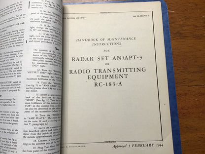WWII USAAF AN/APT-3 Radar Set RC-183-A Technical Manual Binder 1943-44 Restricted