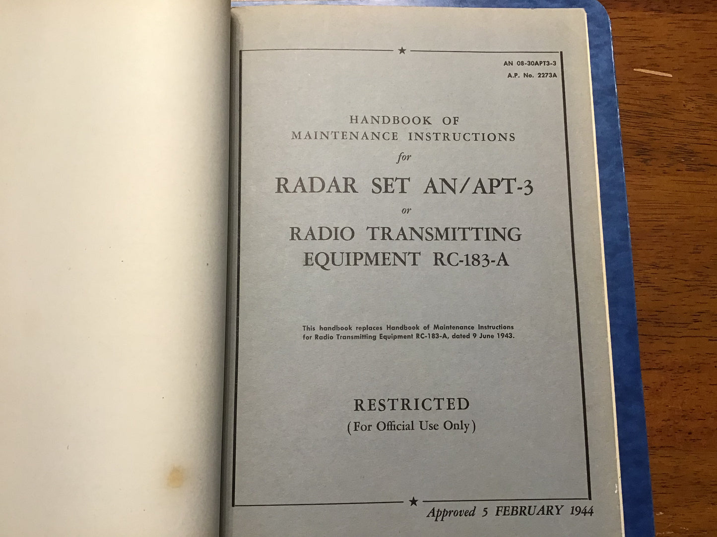 WWII USAAF AN/APT-3 Radar Set RC-183-A Technical Manual Binder 1943-44 Restricted