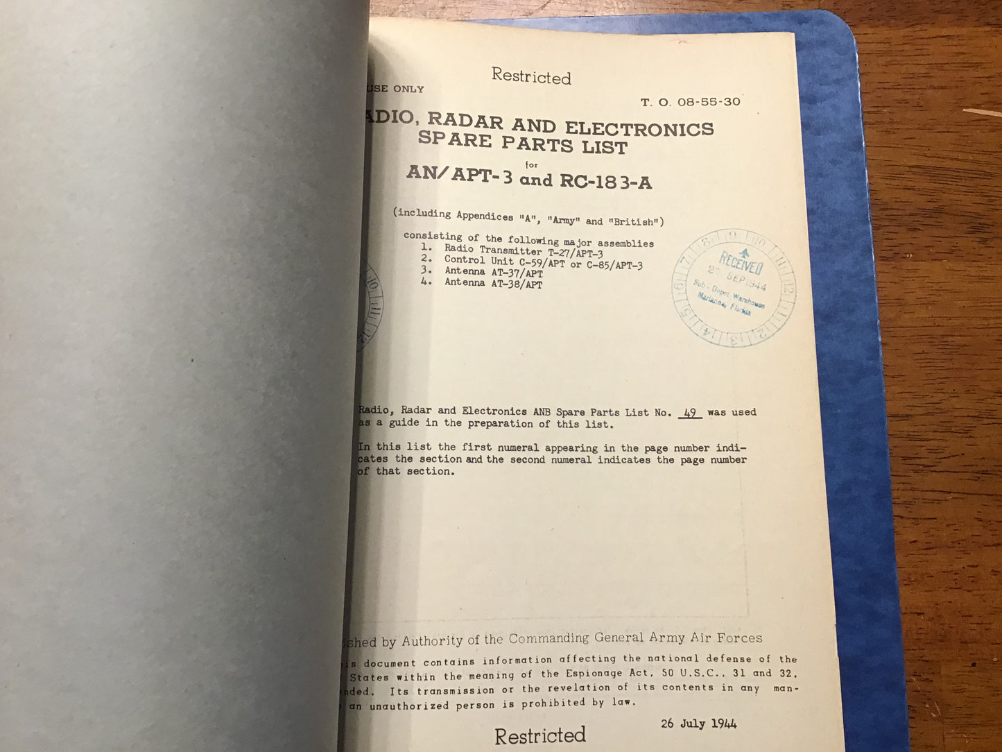 WWII USAAF AN/APT-3 Radar Set RC-183-A Technical Manual Binder 1943-44 Restricted