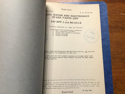WWII USAAF AN/APT-3 Radar Set RC-183-A Technical Manual Binder 1943-44 Restricted
