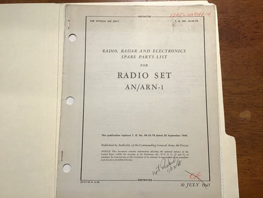 WWII AN/ARN-1 Aircraft Radio Altimeter Manual & Parts List RCA Navy USAAF 1945