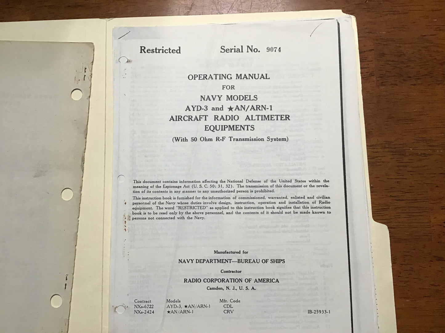 WWII AN/ARN-1 Aircraft Radio Altimeter Manual & Parts List RCA Navy USAAF 1945