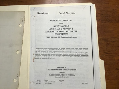 WWII AN/ARN-1 Aircraft Radio Altimeter Manual & Parts List RCA Navy USAAF 1945