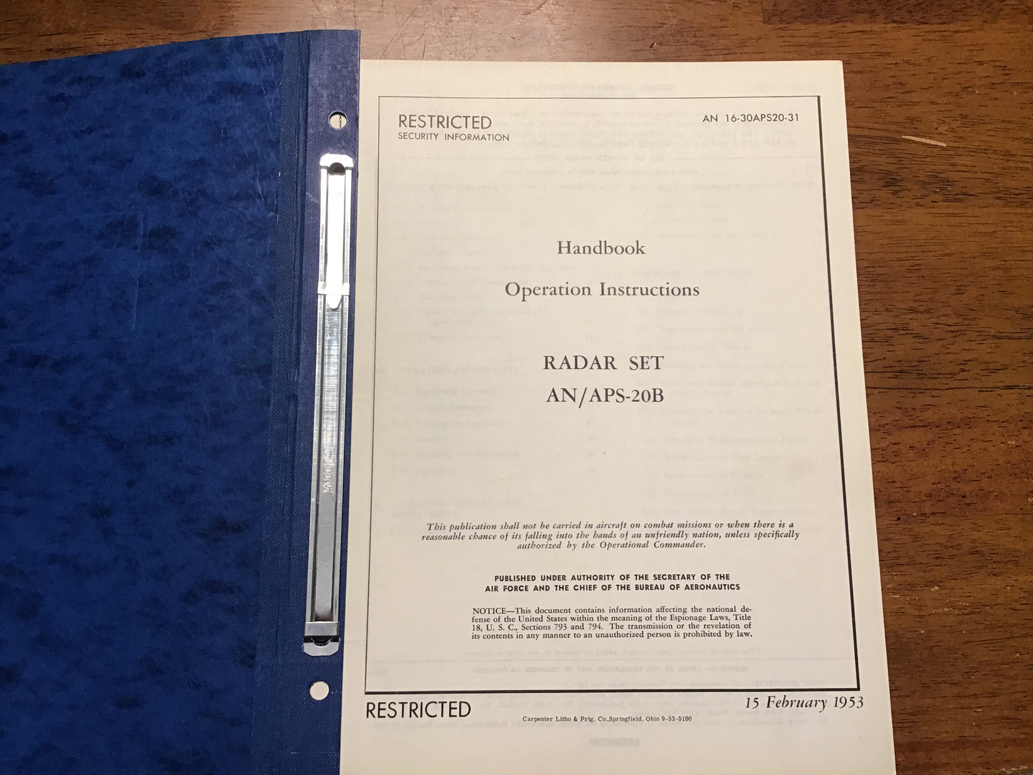 AN/APS-20B Radar Set Manual Lot Operation Overhaul Parts Breakdown 1953