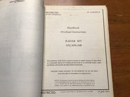 AN/APS-20B Radar Set Manual Lot Operation Overhaul Parts Breakdown 1953