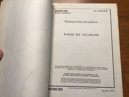 AN/APS-20B Radar Set Manual Lot Operation Overhaul Parts Breakdown 1953