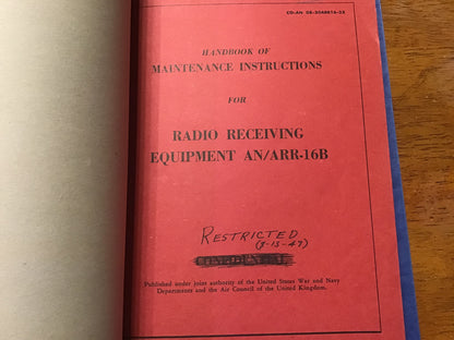 Vintage AN/ARR-16B Radio Receiving Equipment Manual Set Restricted 1947 USAF