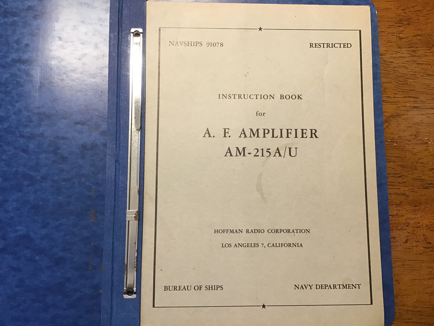 Vintage US Navy NAVSHIPS 91078 A.F. Amplifier AM-215A/U Instruction Book Restricted