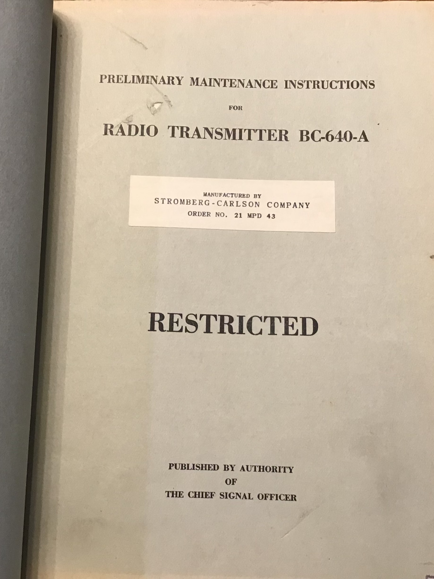 WWII Bendix BC-640-A BC-640-B Radio Transmitter Manual 1943 Restricted