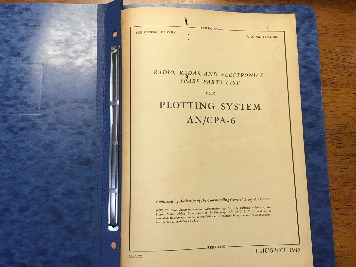 Vintage 1945 AN/CPA-6 Plotting System Radar Spare Parts List T.O. 16-55-188 WWII