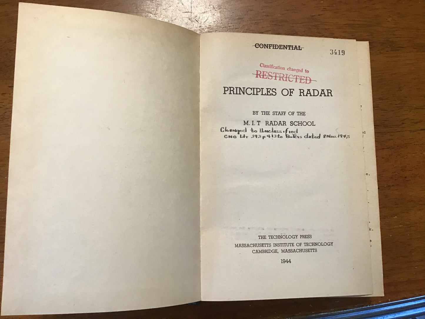 1944 Principles of Radar – MIT Radar School – WWII Technology Press – Formerly Confidential