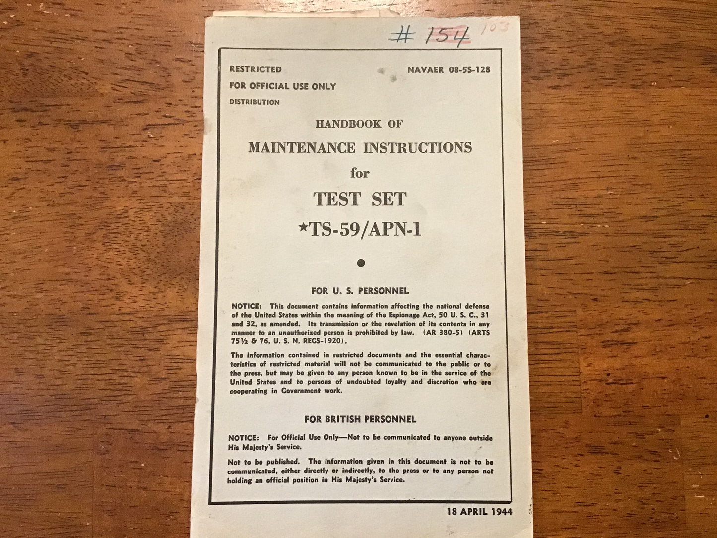 WWII 1944 Restricted TS-59/APN-1 Test Set Maintenance Manual NAVAER 08-5S-128 Radar