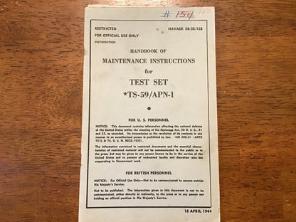 WWII 1944 Restricted TS-59/APN-1 Test Set Maintenance Manual NAVAER 08-5S-128 Radar