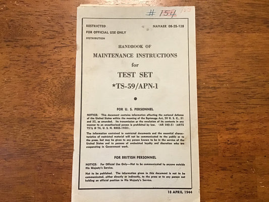 WWII 1944 Restricted TS-59/APN-1 Test Set Maintenance Manual NAVAER 08-5S-128 Radar