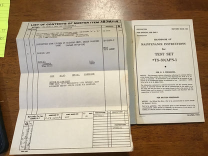WWII 1944 Restricted TS-59/APN-1 Test Set Maintenance Manual NAVAER 08-5S-128 Radar