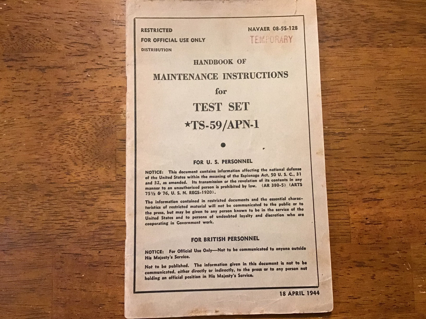 WWII 1944 Restricted TS-59/APN-1 Test Set Maintenance Manual NAVAER 08-5S-128 Original Radar