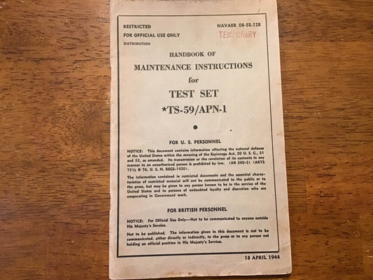 WWII 1944 Restricted TS-59/APN-1 Test Set Maintenance Manual NAVAER 08-5S-128 Original Radar