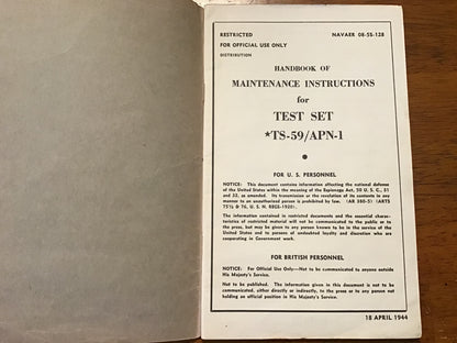 WWII 1944 Restricted TS-59/APN-1 Test Set Maintenance Manual NAVAER 08-5S-128 Original Radar