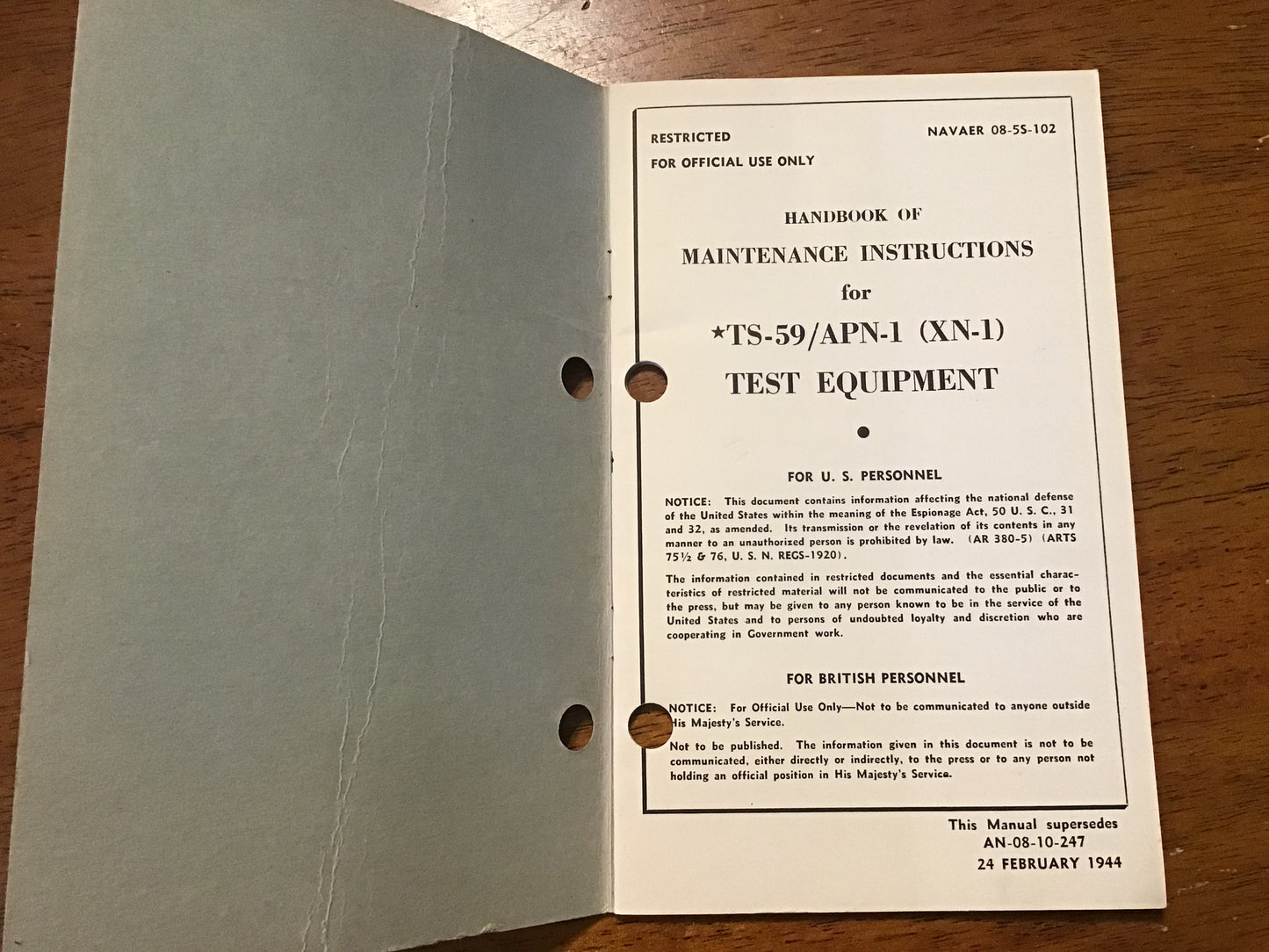 WWII 1944 Restricted TS-59/APN-1 (XN-1) Test Equipment Maintenance Manual NAVAER 08-5S-102