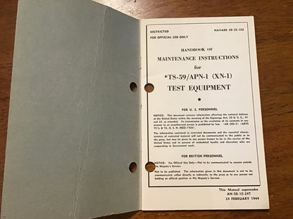 WWII 1944 Restricted TS-59/APN-1 (XN-1) Test Equipment Maintenance Manual NAVAER 08-5S-102
