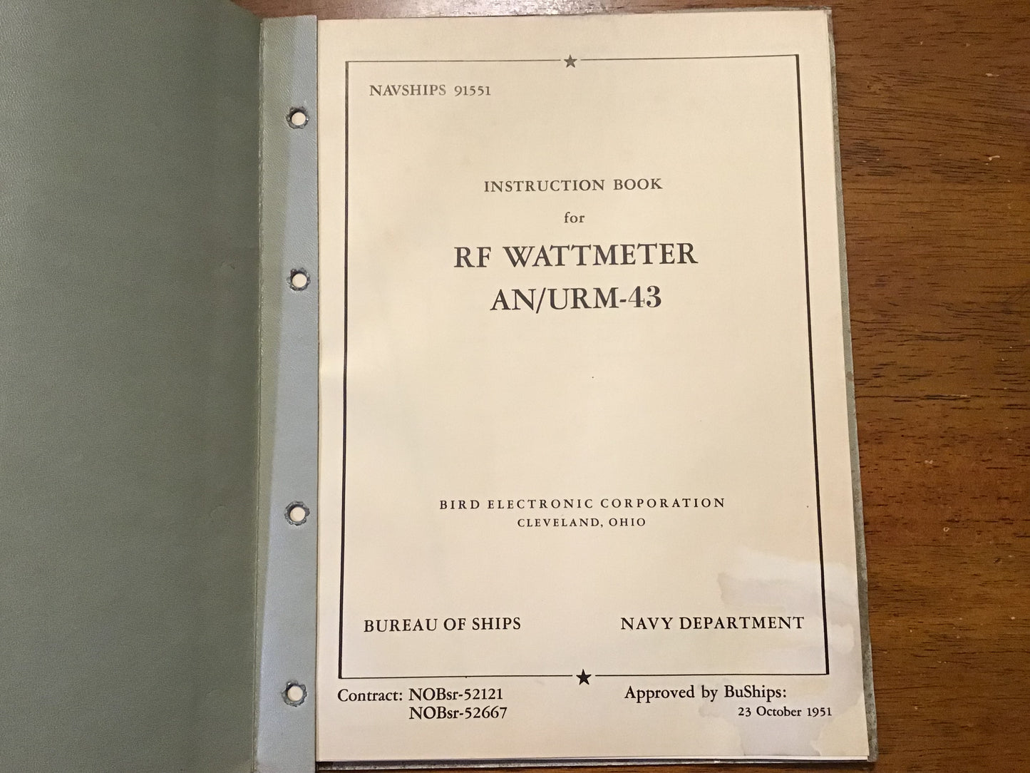 1951 NAVSHIPS 91551 AN/URM-43 RF Wattmeter Navy Instruction Manual Bird RF