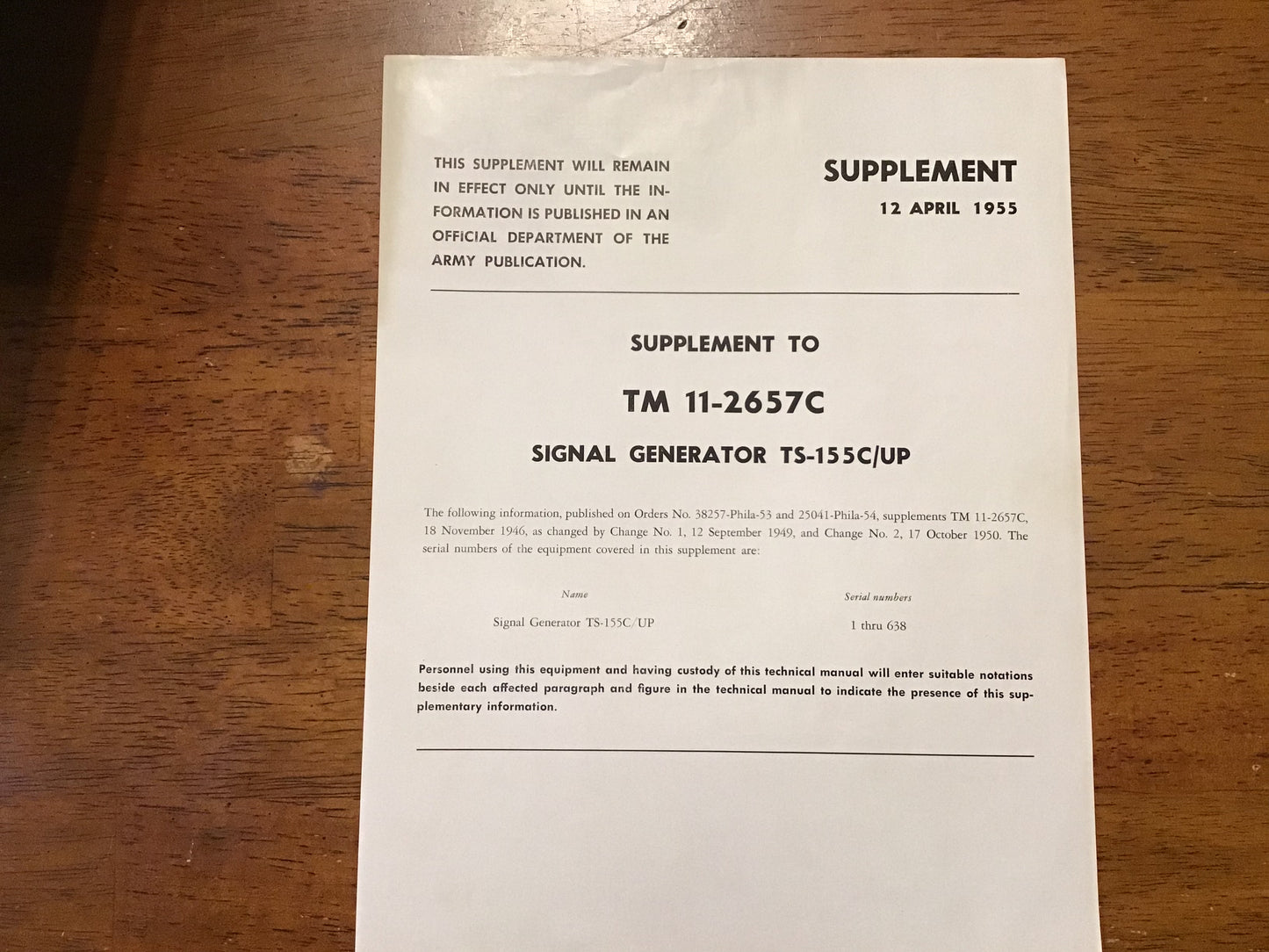 TM 11-2657C Signal Generator TS-155C/UP Manual + 1949/1955 Army Supplements
