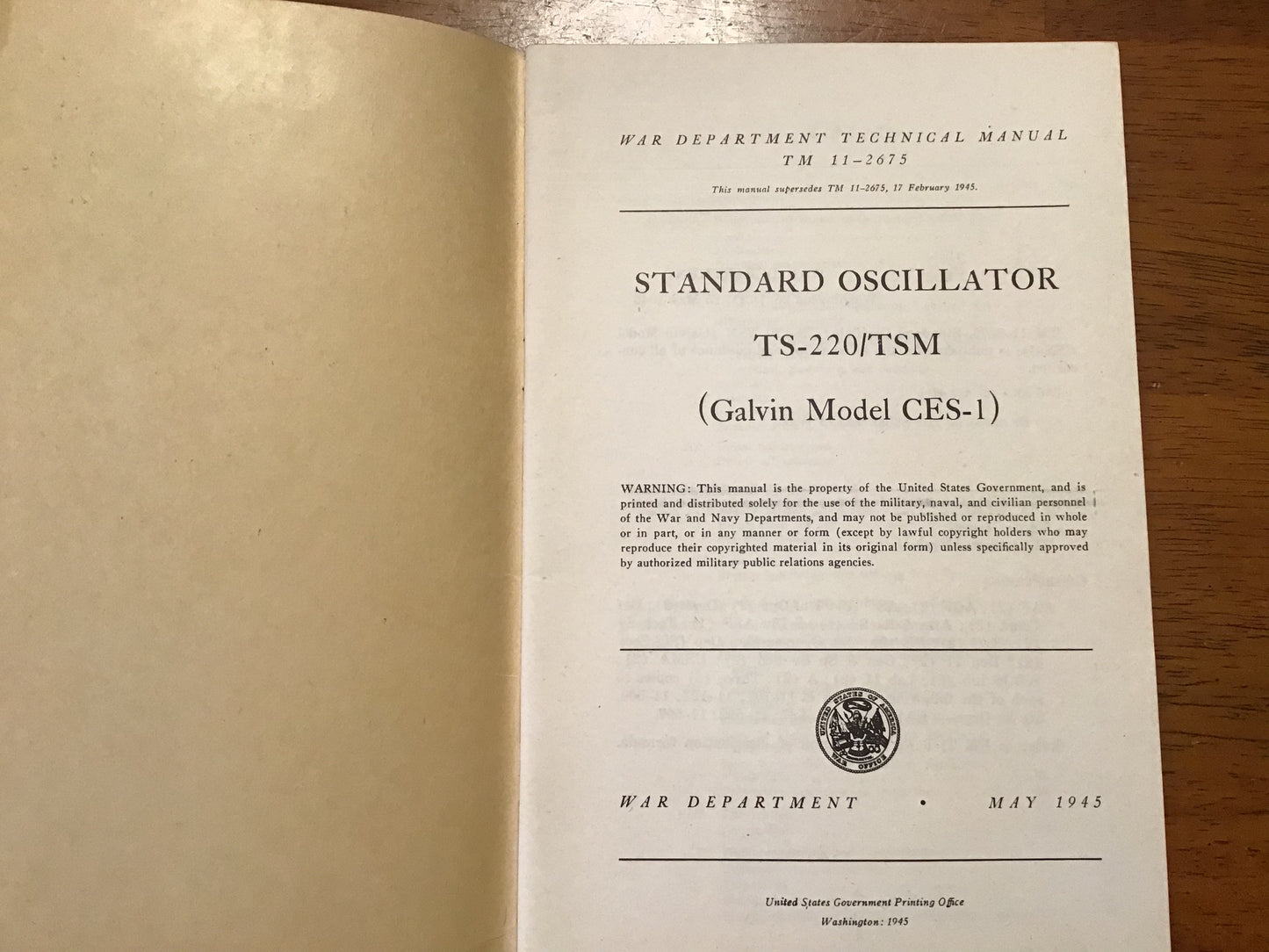 TM 11-2675 Standard Oscillator TS-220/TSM Galvin CES-1 WWII Manual 1945