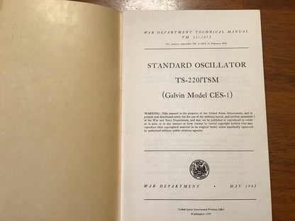 TM 11-2675 Standard Oscillator TS-220/TSM Galvin CES-1 WWII Manual 1945
