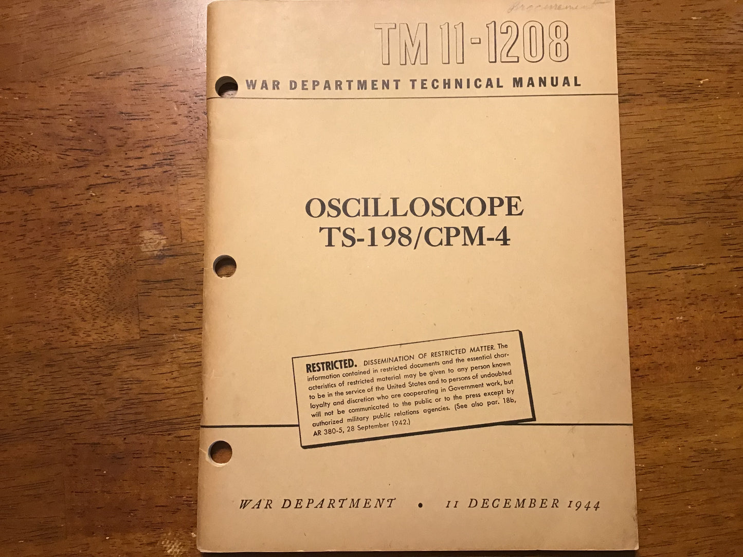 WWII TM 11-1208 Oscilloscope TS-198/CPM-4 Technical Manual & Parts List 1944-45