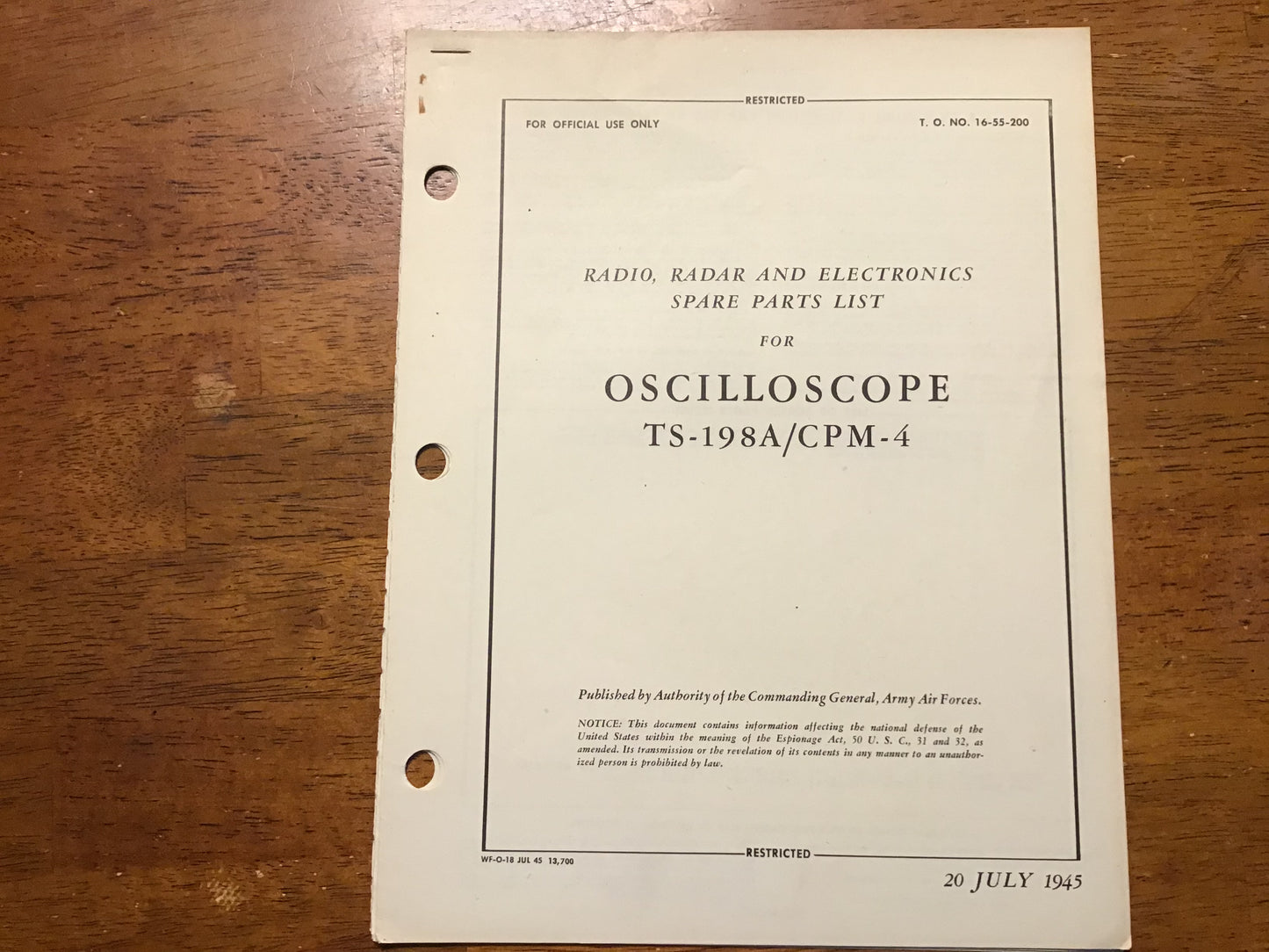 WWII TM 11-1208 Oscilloscope TS-198/CPM-4 Technical Manual & Parts List 1944-45