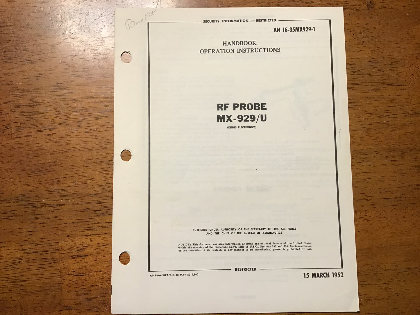 1952 RF Probe MX-929/U Handbook AN 16-35MX929-1 Restricted USAF Navy Technical Manual