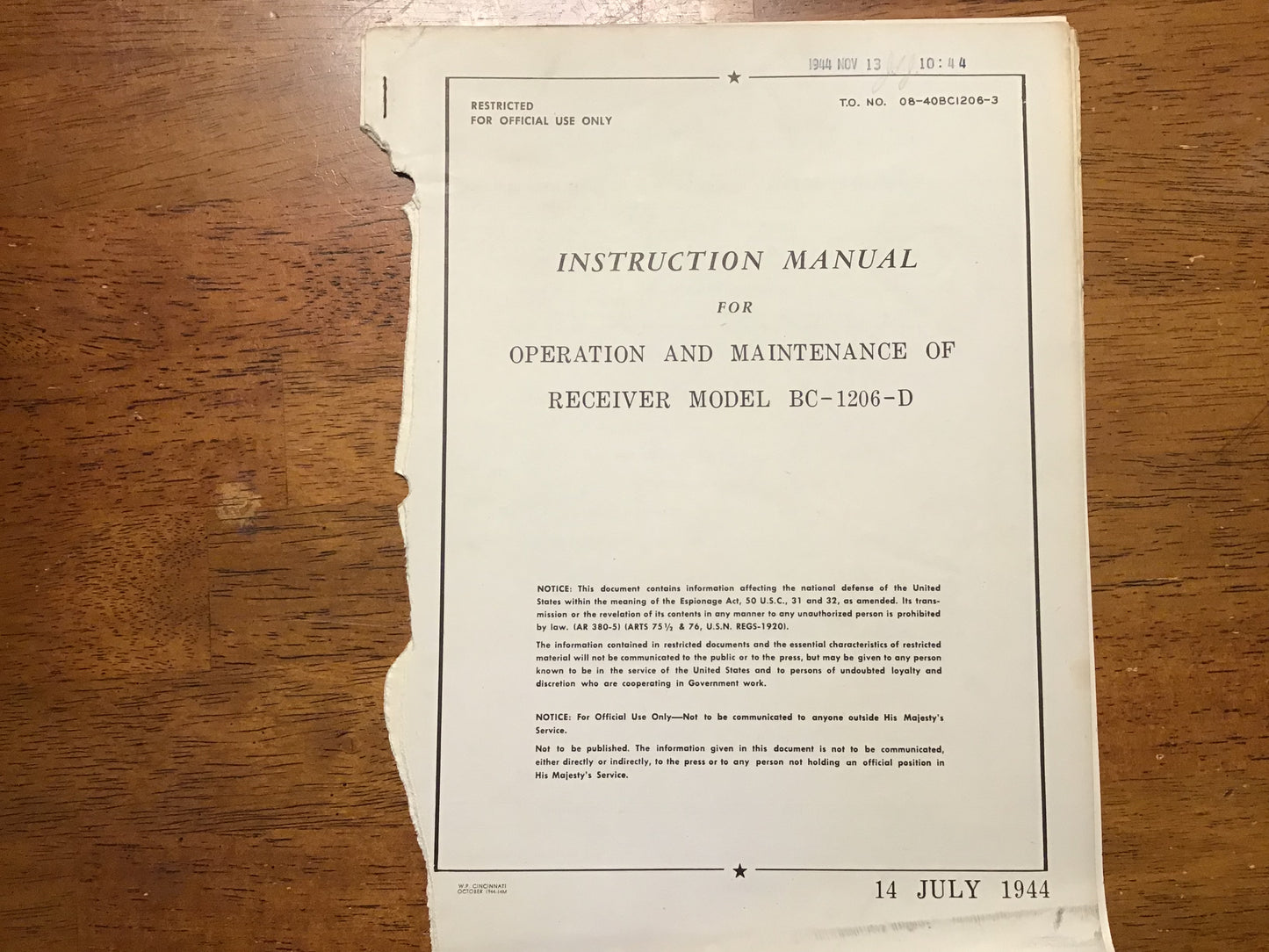 WWII BC-1206-D Receiver Instruction Manual T.O. 08-40BC1206-3 1944 Radio Receiver Original
