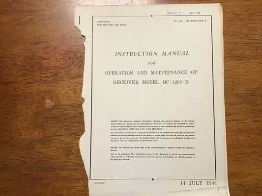 WWII BC-1206-D Receiver Instruction Manual T.O. 08-40BC1206-3 1944 Radio Receiver Original