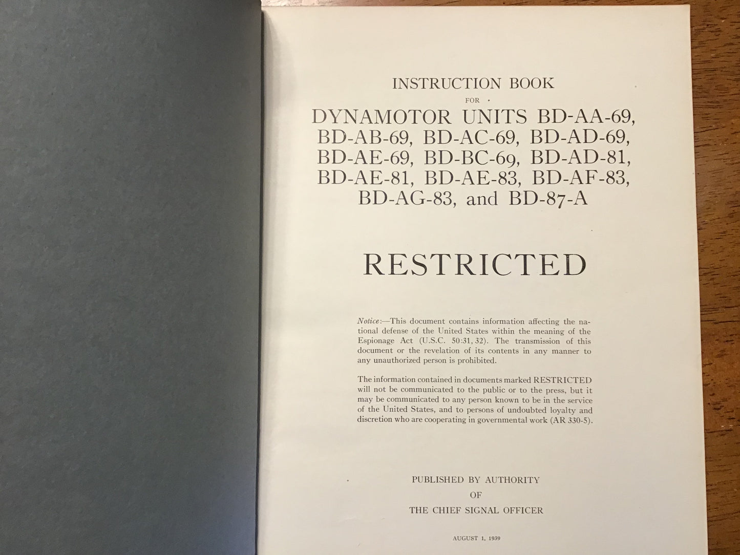 1939 U.S. Signal Corps Dynamotor Units Instruction Book Restricted Manual BD-AA-69 BD-87-A WWII