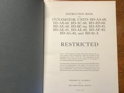 1939 U.S. Signal Corps Dynamotor Units Instruction Book Restricted Manual BD-AA-69 BD-87-A WWII