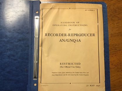 WWII AN/GNQ-1A Recorder-Reproducer Handbook 1945 U.S. Army Navy Technical Manual Original