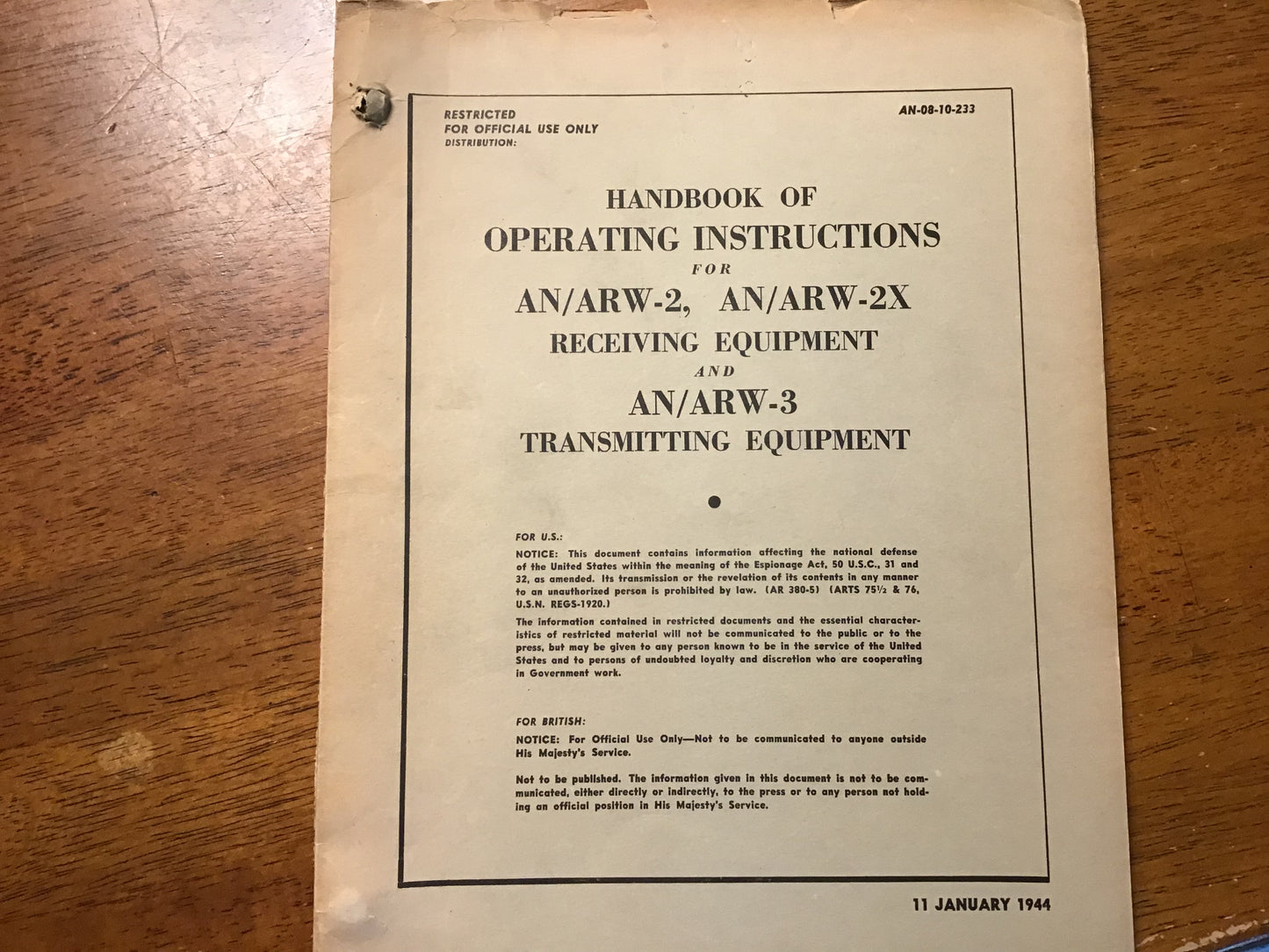 WWII AN/ARW-2 AN/ARW-2X AN/ARW-3 Operating Instructions Manual 1944 Original Restricted