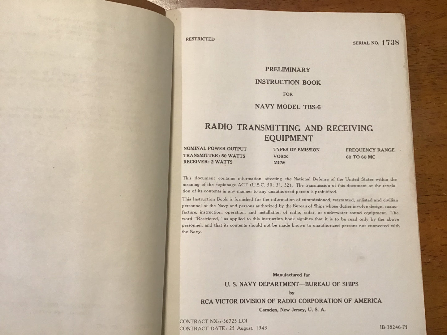 WWII US Navy TBS-6 Radio Transmitting & Receiving Equipment Manual RCA 1943 Restricted