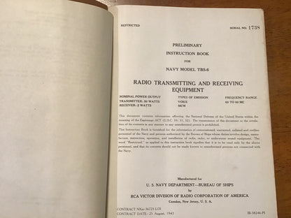 WWII US Navy TBS-6 Radio Transmitting & Receiving Equipment Manual RCA 1943 Restricted